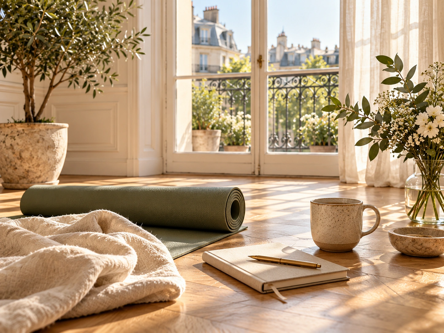 Tapis et objets du quotidien préparés pour une pratique matinale